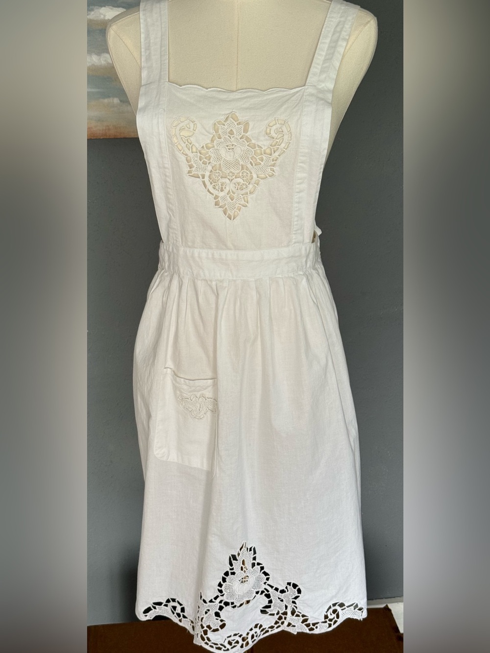 Vintage Apron Lace Midi  Tie Backs Crochet Cottage Shabby Chic